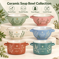 Bol à soupe en céramique style ferme à double poignée, imprimé floral, pour flocons d'avoine et salades, motif et couleur personnalisés, boîte cadeau, OEM ODM, vente en gros