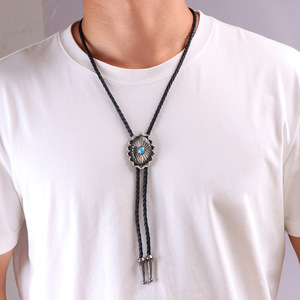 Corbata Bolo para Hombre, Negra, de Cuero Trenzado, con Colgante Ovalado de Aleación, Estilo Occidental, Collar Casual - Product Image 4