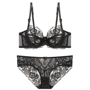 Conjunto de lencería de encaje floral de talla grande para mujer, sujetador con aros y bragas, conjunto de 2 piezas, sexy, push-up, copa completa, conjunto de sujetador de encaje negro, OEM ODM - Product Image 1