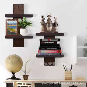 Étagère murale en bois massif, organisateur à double niveau, support de rangement pour livres et magazines, porte-serviettes de salle de bain, mini porte-plantes - Product Image 1