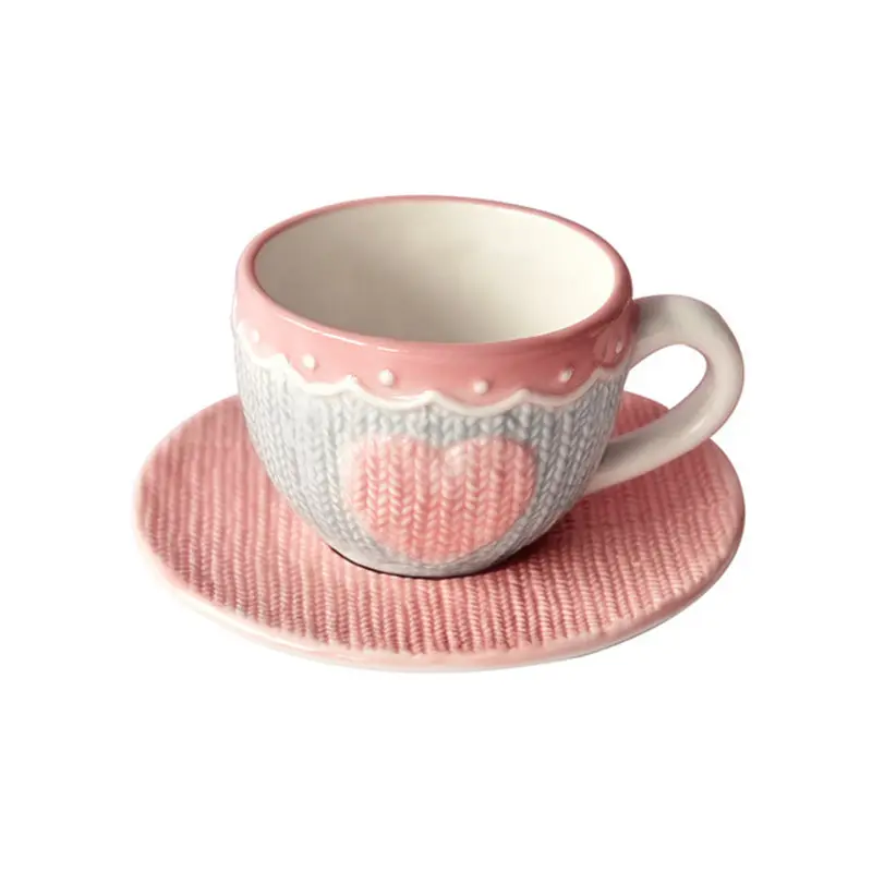 Керамическая трикотажная кофейная чашка и блюдце ручной работы Solhui, розовая послеобеденная кружка с подставкой