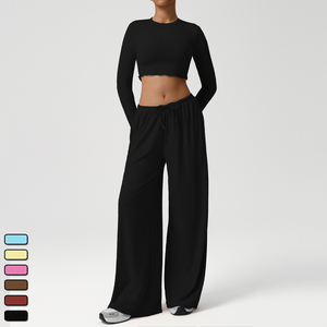 Venta al por mayor de ropa de las mujeres 2PCS Athleisure Chándales Mujeres de pierna ancha Pantalones sueltos Mujer Crop Top Conjuntos Traje Conjuntos Camiseta básica <span class=keywords><strong>Yoga</strong></span> - Product Image 5