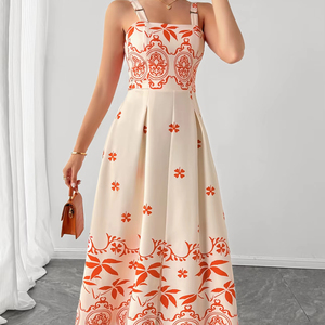 Robe longue éco-responsable rétro à motif floral pour femme, coupe trapèze, taille naturelle, avec détail noué à la taille, idéale pour les vacances - Product Image 5