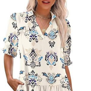 Vestido Mini Casual Solto com Decote em V, Manga Bufante e Babados, Estilo Vintage, Personalizado ODM OEM para Mulheres - Product Image 1