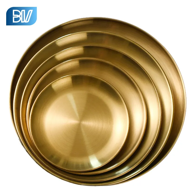 Gold Matte Food Plate Runde Rolled Edge Korea Style Edelstahl Teller Gerichte