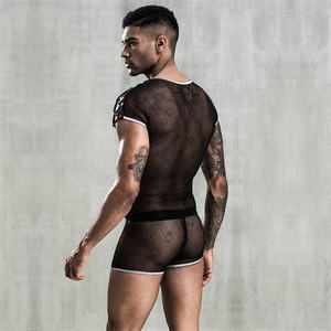 T-Shirt a maniche lunghe in pelle pu con lacci Sexy da uomo See Through - Product Image 6