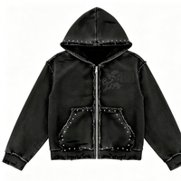 Sweat-shirt à capuche zippé en polaire pour homme, en coton brodé, éco-responsable, personnalisé, avec patchwork de rivets à bords bruts et finition effilochée, coupe ample, style streetwear Y2K