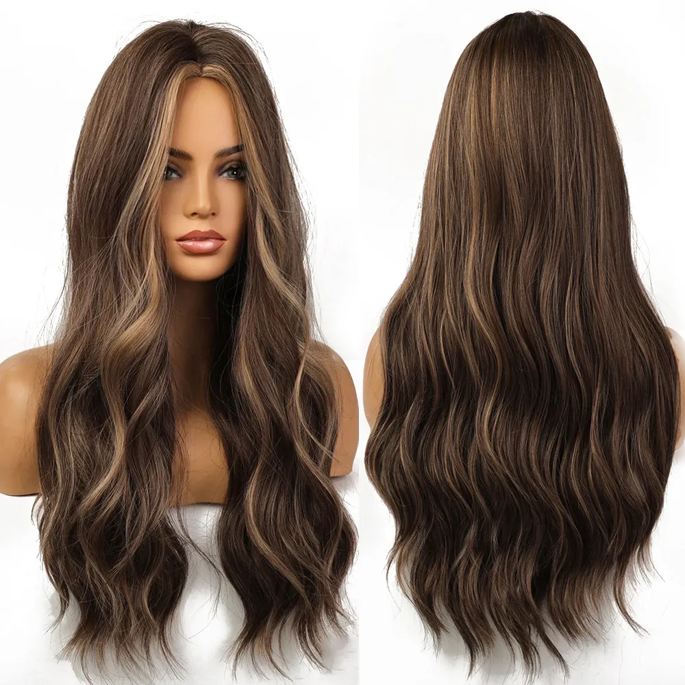 Long Wavy Brown Gold Synthetic Wigs Natural Hair Wigs for Women Synthetic Wigs