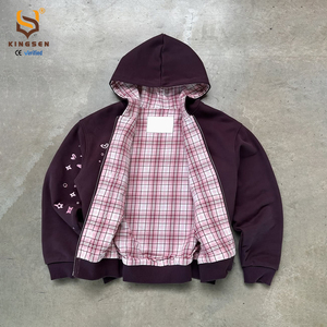 เสื้อฮู้ดดี้พรีเมียมวินเทจทรงโอเวอร์ไซส์ผ้าฝ้ายหนานุ่มแบบซิปสำหรับผู้ชาย ลายสก็อตบุซับใน ปักลายดาวและหัวใจ สไตล์สตรีทแวร์ - Product Image 3