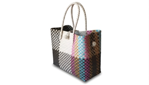 Black White Patchwork Woven <b>Tote</b> Bag Eco Friendly <b>Plastic</b> Strapping Basket Waterproof Beach Travel Shoulder Handbag Waterproof - Product Image 3
