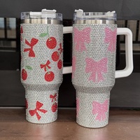 Bouteille d'eau personnalisée 40oz en acier inoxydable, gobelets isothermes sous vide avec strass et nœud, écologiques, avec poignée et paille