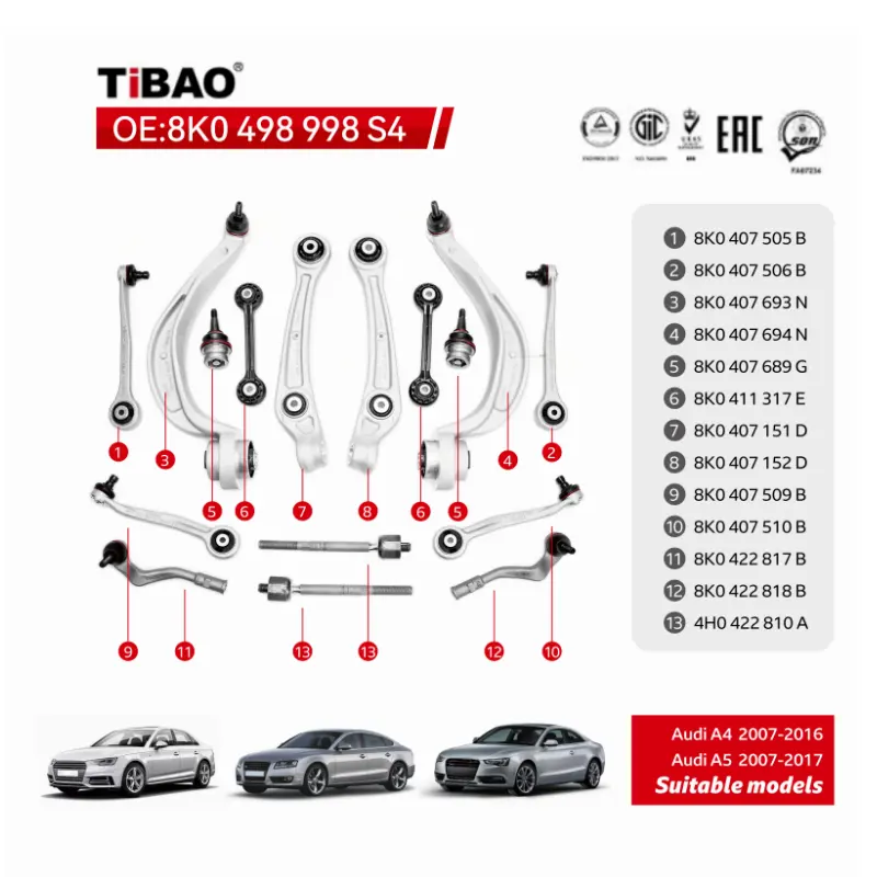 TiBAO 16PCS在庫ありAudi A4 B8 A5 8K0498998S4 8K0 498 998S4用の自動コンプリートコントロールアーム