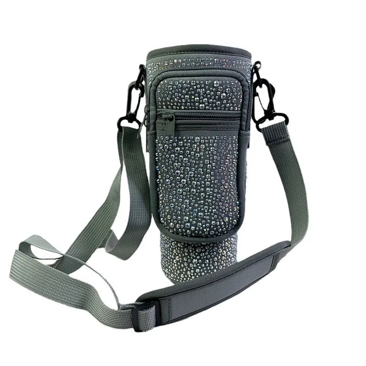 Bling Shiny Rhinestone Neopreno 30 40oz Botella de agua Portador Funda Vaso Stanleydrink Cup Sling Bag Cremallera Bolsillo para teléfono