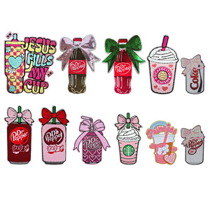 Vải PVC Thêu Nhãn Phụ Kiện Cổ Phiếu Vải Nước Giải Khát Cup Phong Cách Khăn Với Sequin Vá Cho Giày Mũ Quần Áo - Product Image 1