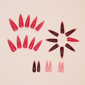 Faux Ongles en Gros, Brillants, Rouge Dégradé, Pailletés, Longs, Stiletto, Couverture Complète, Amande, à Presser, 24 Pièces - Product Image 4