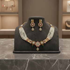 Elegante Juego de Joyería Tradicional de Plata 925 con Piedras Rosas y Verdes, con Collar y Aretes con Diseño Floral - Product Image 5