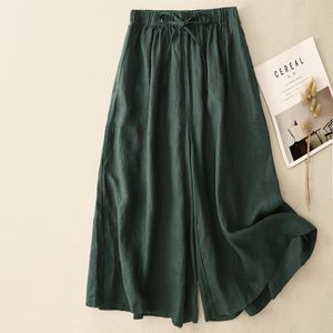 Cotton Linen Wide Leg Pants Loose Fit <b>Elastic</b> Waist Culottes Women's Casual Breathable Summer Style Green - Product Image 4