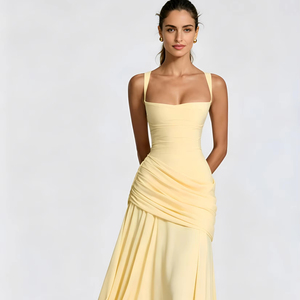 2026 Spring Summer Women's Sleeveless Maxi Dress Elegant Solid Color Halter Neck Formal Gown Waist Tie <strong>Flared</strong> <strong>Skirt</strong> - Product Image 1