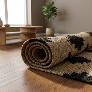Alfombra Geométrica Kilim Rectangular Negra y Beige de Tejido Plano de Lana y Acrílico para Sala de Estar, Antideslizante con Base de Yute - Product Image 4