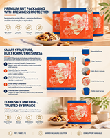 Sachet d'emballage alimentaire polyvalent pour noix, scellé sur trois côtés, laminé, surface mate, flexible, avec encoche de déchirement et trou de suspension, post-traitement