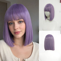 Perruques synthétiques courtes bob violet lavande avec frange, résistantes à la chaleur, aspect naturel, ajustables, sans colle, vente en gros, fabricant OEM/ODM