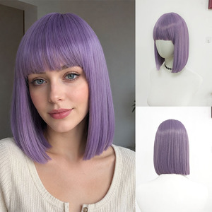 Perruques synthétiques courtes bob violet lavande avec frange, résistantes à la chaleur, aspect naturel, ajustables, sans colle, vente en gros, fabricant OEM/ODM - Product Image 4