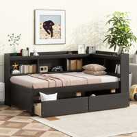 Lit d'enfant en forme de L, taille double, avec bibliothèques, prises électriques et ports de charge USB, deux tiroirs, design moderne pour chambre à coucher et salon