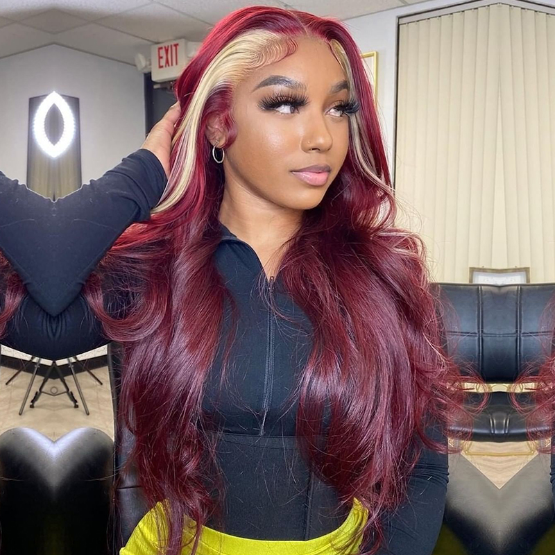 99j burgundy & blonde skunk stripe wig loose wave