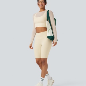 Custom Beautiful Women's <b>Two</b>-<b>Piece</b> Yoga Top Breathable Sports Outer Wear with Long Sleeves Cross Back <b>Mesh</b> Chest Pad Yoga <b>Set</b> - Product Image 4