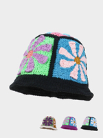 Topi Bucket Rajut Tangan Wanita Motif Bunga, Warna-Warni, Patchwork, Topi Nelayan Rajut, Gaya Boho Vintage, Topi Pelindung Matahari Sehari-hari