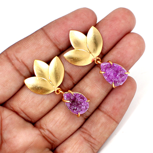 Women Fashion Jewelry Natural Pink Druzy <b>Stud</b> <b>Earring</b> Yellow Gold Plated Chunky Statement Brass <b>Earrings</b> For Women - Product Image 2