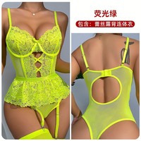 Ensemble de lingerie corset en dentelle pour femme 6217, body teddy en maille ajourée à bretelles spaghetti avec porte-jarretelles