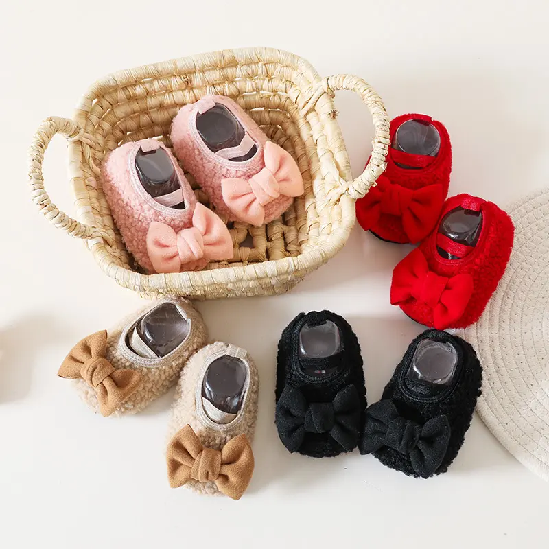 Trẻ sơ sinh bé trai và bé gái Teddy Lamb LEN MÙA ĐÔNG Giày sàn chống trượt Bow Toddler Boots Bowknot ấm trẻ em giày