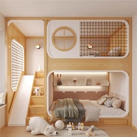 JS Massivholz Kinder-Etagenbett mit Sicherheitsnetz, Aufbewahrungsschublade, Treppe, Rutsche, Holzpolsterung, Modernes Design, Voll-/Einzelgrößen, Umweltfreundlich