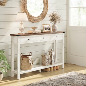 Farmhouse Luxury <strong>Narrow</strong> Entryway Console <strong>Table</strong> Hallway Wood 47.2 Inch Sofa <strong>Side</strong> <strong>Table</strong> with 3 Drawers Open Shelf Storage - Product Image 4