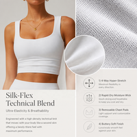 Vente en gros de vêtements de sport pour femmes, personnalisés, en tissu technique, avec soutien sculpté et rembourré, col carré froncé, de la série Silk Gather, pour le fitness et le yoga