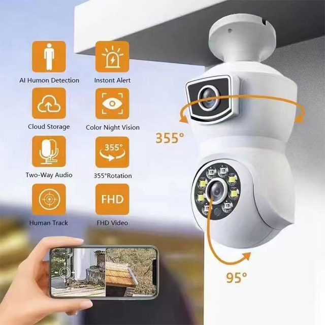 Light Bulb Security Camera Dual Lens V380 1080P 360 Degree WiFi Wireless Indoor Camera with Motion Detection