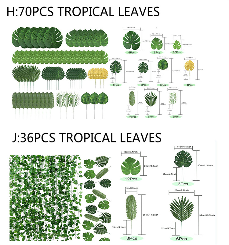Hot Selling 3 sizes Tropical Artificial  Palm leaves for  Hawaii  Birthday Party Wedding Table Decoration