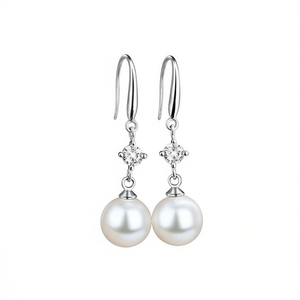 Pendientes de Oro Blanco E1740 con Perla Cultivada Akoya de Forma Redonda, Grado AAA, Plata Clásica, Joyería para Mujer para Bodas - Product Image 1