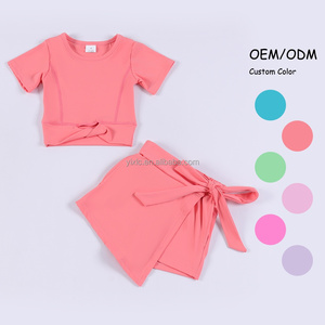 Conjunto de Ropa de Yoga <span class=keywords><strong>para</strong></span> Niñas con Diseño de Espalda Cruzada, Top de Manga Corta y Lindos Pantalones Cortos con Lazo, Ropa Deportiva Infantil - Product Image 1