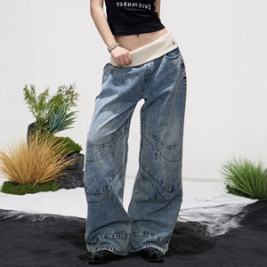 Jean ample streetwear pour <span class=keywords><strong>femme</strong></span>, coupe large, patchwork, taille plissée, délavage clair, coupe décontractée, en denim, idéal pour le <span class=keywords><strong>skate</strong></span> et le quotidien - Product Image 4