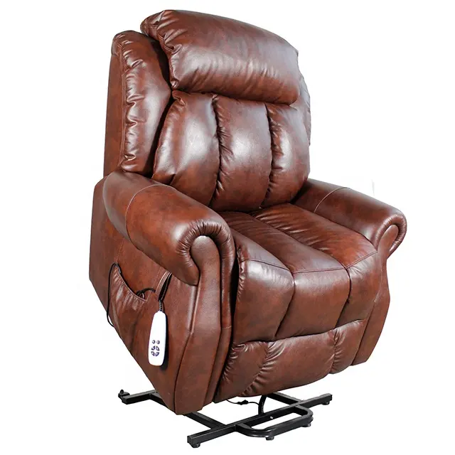 Silla reclinable de doble motor, silla reclinable cómoda de cuero marrón para ancianos