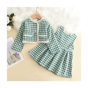 Conjunto de Ropa de Lujo para Niñas de 90-130 cm, Vestido de Cuadros Verde con Encaje y Manga Larga, Conjunto de 3 Piezas, Ropa para Niñas, Ropa Infantil - Product Image 1