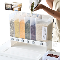 Organisateur de rangement de cuisine mural à 6 compartiments, distributeur de riz, conteneur pour céréales/aliments secs, forme rectangulaire en plastique PP