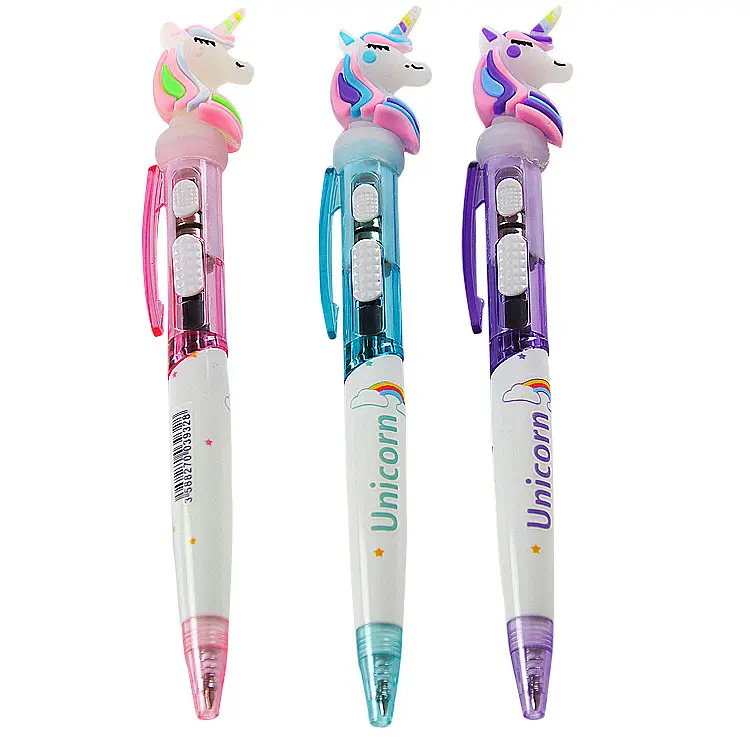 Creative 3d Cartoon Unicorn Led Light Ballpoint Pen Cute Unicorn Flashlight Ball Pen For Children Gift Kawaii School Supplies