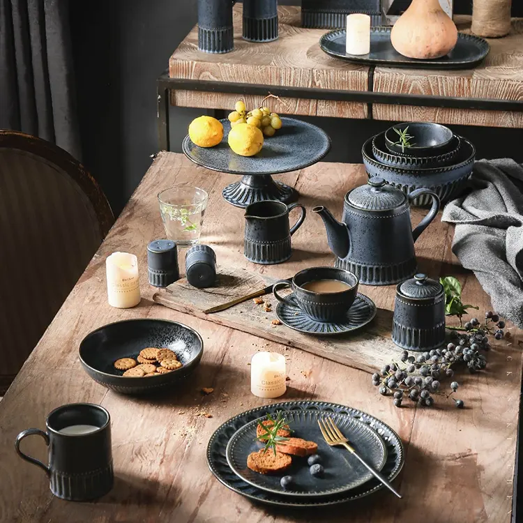 European luxury reactive glaze ceramic tea set dinnerware stoneware black plates and bowls set crockery porcelain dinner sets