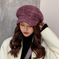 Casquette Gavroche Vintage Style Britannique en Tweed à Carreaux pour Femme, Béret Octogonal Ajustable, Chapeau de Peintre, Chapeau de Boulanger Automne Hiver