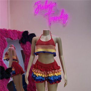 Summer New Colorful Striped <b>Knit</b> Two Piece <b>Sets</b> Women Spaetti Strap Crop Top + Ruffle Sorts Outfits - Product Image 5