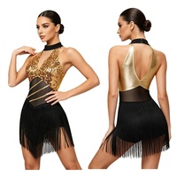 Robe de danse latine à sequins pour femme, col halter en V profond, empiècement en maille à la taille, ourlet à franges, dos ouvert, costume de salsa pour adultes, taille personnalisée