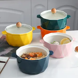 Large capacity ceramic bowl with cover for household student scatter-proof noodle bowl